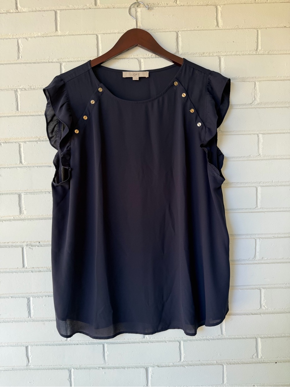 LOFT Navy Ruffle Sleeve Top with Gold Buttons